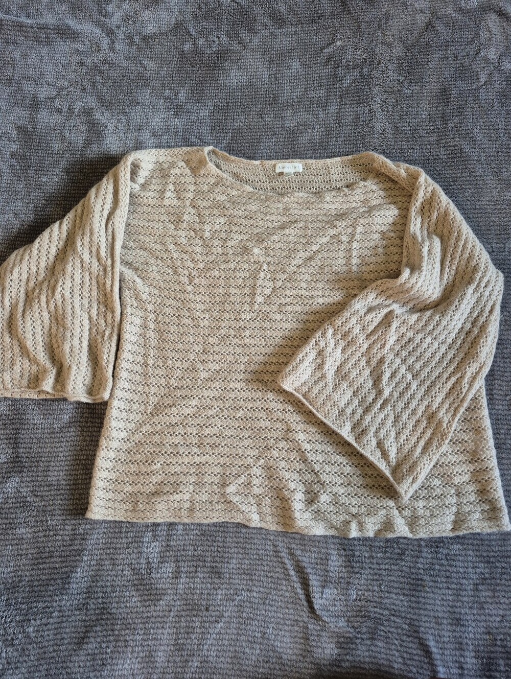 Garnet Hill Cashmere Crochet Sz Large Oatmeal 3/4 Sleeve Boat Neck Natural Fiber